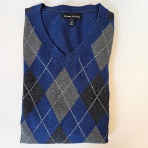 BANANA REPUBLIC Men's ARGYLE V-NECK Cashmere, Wool & Cotton Blend SWEATER BLUE M